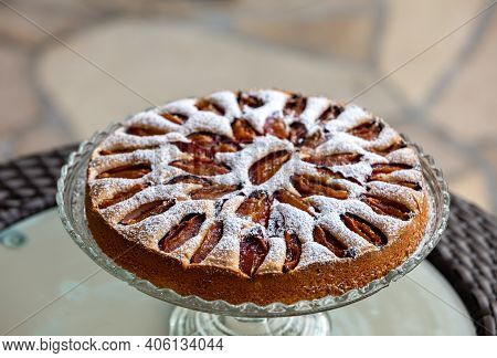 Delicious Plum Cake Sprinkled With Powdered Sugar