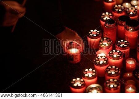Bucharest, Romania - January 29, 2021: Details With Burning Candles Laid By People On The Site Of Ma