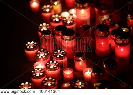 Bucharest, Romania - January 29, 2021: Details With Burning Candles Laid By People On The Site Of Ma