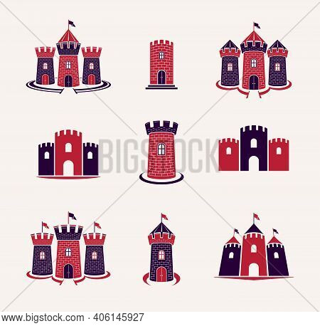 Fortresses Emblems Vector Emblems Big Set, Castles Heraldic Design Elements Collection, Classic Styl