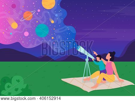 Family Stargazing With Telescope Flat Color Vector Illustration. Mother Shows Her Children New Plane