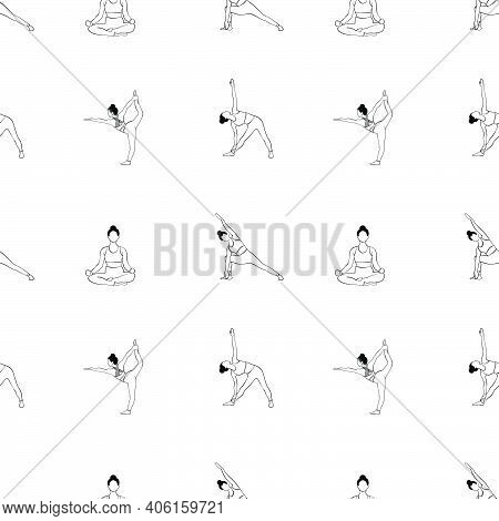 Yoga Poses Seamless Pattern Of Girl In Line Drawing. Vector Yoga Poses Background