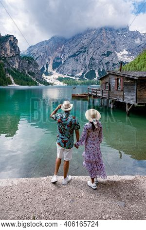 Beautiful Lake In The Italian Alps, Lago Di Braies In The Italian Dolomites Europe. Braies Lake, Ita
