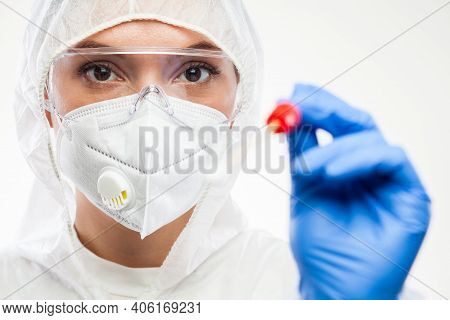 Female Caucasian Nhs Front Line Medic Holding Swab Collection Stick, Nasal Oral Specimen Swabbing,pa
