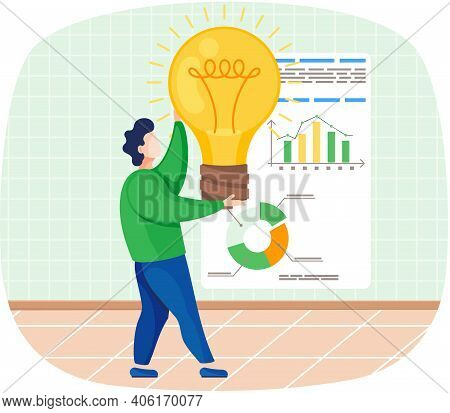 Man Develops Creative Business Idea Holding Bright Light Bulb Standing Near Whiteboard With Diagram.