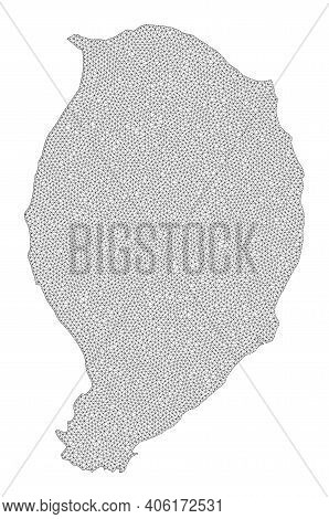 Polygonal Mesh Map Of Corvo Island In High Detail Resolution. Mesh Lines, Triangles And Dots Form Ma