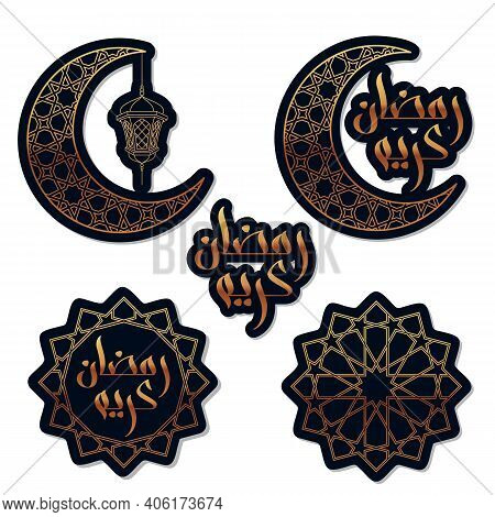 Set Of Stickers For Ramadan. Ramadan Kareem Means Blessed Ramadan In Arabic Isolated On White - Vect