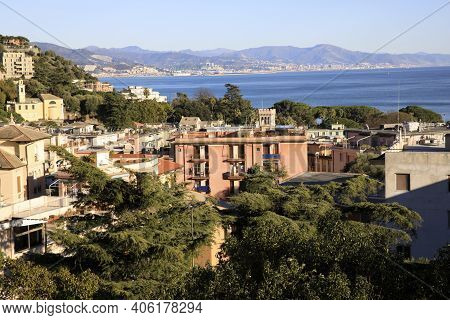 Arenzano (ge), Italy - December 30, 2017: View Of Genova Coastline From Arenzano, Arenzano, Genova, 