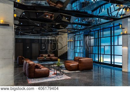 Wroclaw, Poland - March 7 2020 Interior Of New Modern The Bridge Hotel