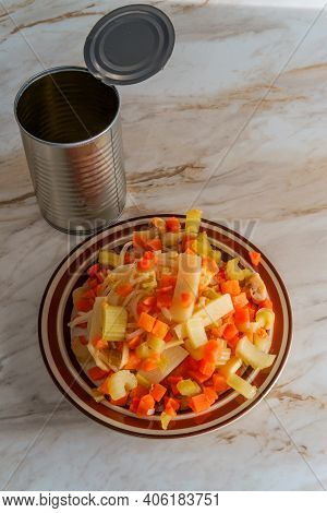 Canned Chinese Food Chop Suey On Marble Kitchen Table