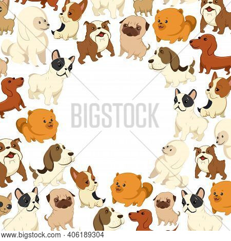 Cute Cartoon Dog Vector Pattern. Pets Of Different Breeds. Funny Little Puppies On A White Backgroun