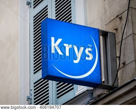 BAYONNE, FRANCE - CIRCA DECEMBER 2020: Krys shop sign. Krys is a French optician group.