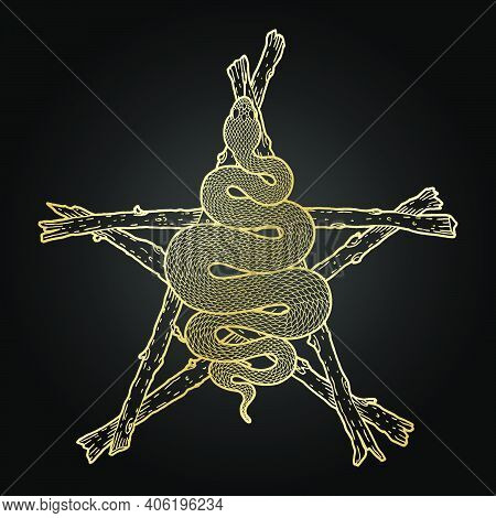 Coiled Snake Over Sticks Pentagram Detailed Illustration. Tribal Occult Golden Serpent Isolated Over