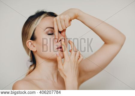 Young Adult Woman Doing Facial Gymnastics Self Massage And Rejuvenating Exercises Face Building Yoga