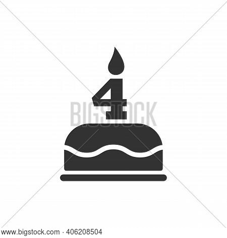 Happy Fourth Birthday Icon. Cake With A Candle In The Form Of The Number 4. Vector Symbol Eps 10
