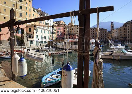 Camogli (ge), Italy - June 01, 2017: Camogli's Harbour In The Fishing Village Of Camogli, Gulf Of Pa