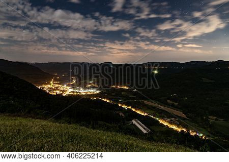 Village At Night With Houses And Church, Picada Cafe, Rio Grande Do Sul, Brazil