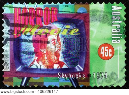 Australia - Circa 1998: A Stamp Printed In The Australia Shows Horror Movie, Song By Skyhooks, Rock 