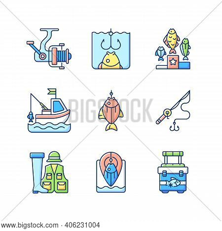 Equipment For Fishing Rgb Color Icons Set. Boat Fishing. Spinning Casting. Fishing Rod And Reel. Hob