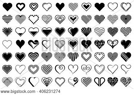 Hearts. Vector Stilyzed Black Hearts Set, Isolated On White Background. Symbols, Signs Flat Icons. L