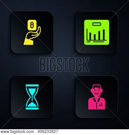 Set Trader, Hand Holding Bitcoin, Old Hourglass And Pie Chart Infographic. Black Square Button. Vect