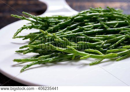 Tasty Vegetarian Sea Food, Fresh Raw Green Salicornia Or Glasswort, Pickleweed Close Up