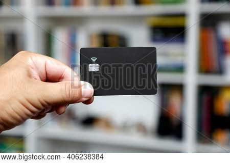 Black Credit Or Debit Contactless Card With Contact Less Sign. Digital Payment System.