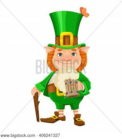 Stock Vector Leprechaun. Happy St Patrick's Day. Cheerful Leprechaun Cartoon Character With Beer And