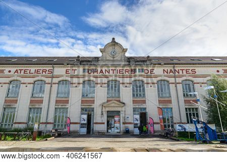 NANTES, FRANCE - CIRCA SEPTEMBER 2015: Nantes shipyard (Ateliers et Chantiers de nantes) building facade. It is now part of Nantes University.