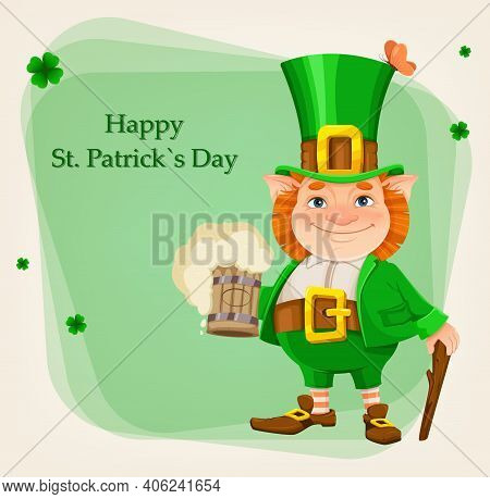 Stock Vector Leprechaun. Happy St Patrick's Day Greeting Card. Cheerful Leprechaun Cartoon Character