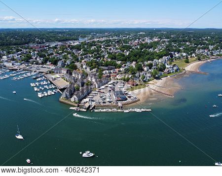 Aerial View Of Sandy Point At Danvers River Mouth To Salem Harbor In City Of Beverly, Massachusetts 