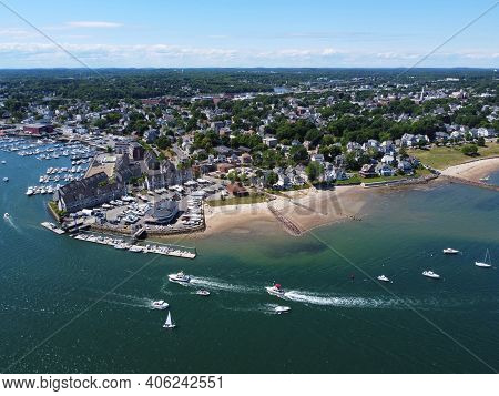 Aerial View Of Sandy Point At Danvers River Mouth To Salem Harbor In City Of Beverly, Massachusetts 