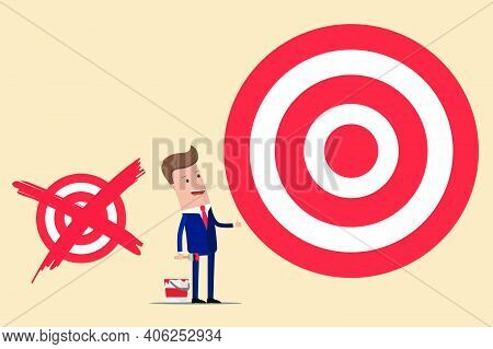 Businessman With Crossed Old Paint Help Small Goal And Drew A Large New Target. Vector Illustration