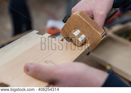 Carpenter Works With Marking Tape - Close-up Carpenter With Tools