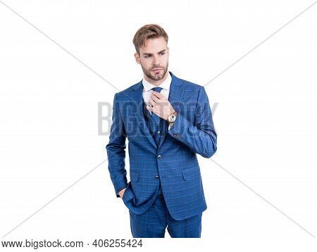 Simply Dapper. Handsome Man Fix Tie Wearing Navy Suit. Dapper Clothing. Formal Wear. Trendy Menswear