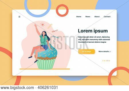 Happy Woman Enjoying Dessert. Cheerful Girl Sitting On Cupcake Flat Vector Illustration. Bakery, Pas