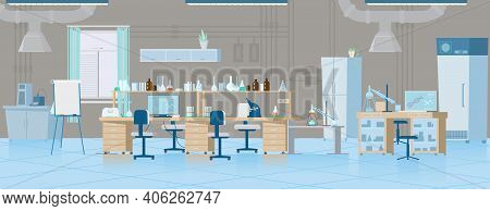 Vector Chemical Laboratory Interior With Equipment. Workplace With Flasks, Reagents, Microscope, Com