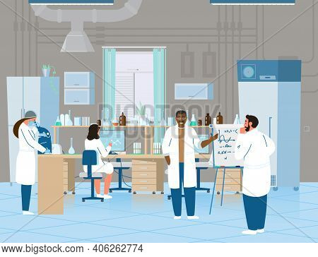 Scientists Or Doctors Men And Women Making Research In Chemical Laboratory. Laboratory Interior With