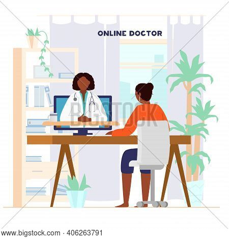 Online Doctor Consultation Concept. Afroamerican Woman Sitting At Desk At Home Talking To Doctor By 