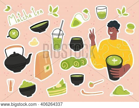 Green Matcha Tea Serve And Drink By A Young Man. Set Of Matcha Healthy Drink Stickers. Various Tea P