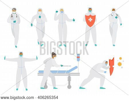 Coronavirus Fighters. Set Of Doctors In Protective Overalls, Masks, Glasses And Gloves In Different 