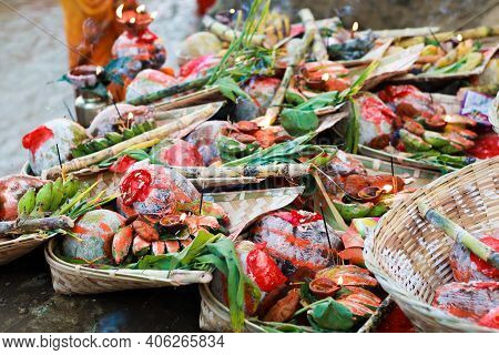 Holy Offerings Of Fruits Flowers Lamps And Cloths In River To Sun God On The Occasion Of Chhath Puja