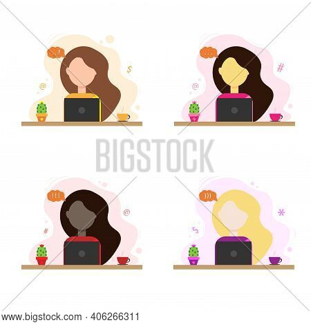 Girls Of Different Nationalities At Home Or In The Office At A Desk With A Laptop.communication With
