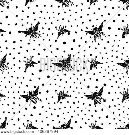 Seamless Pattern With Bees Silhouette On White Background. Adorable Cartoon Wasp Character. Template