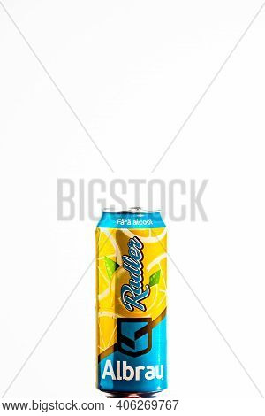 Albrau Radler Beer From Romanian Local Brewery Isolated. Detail Photo Of Beer Can In Bucharest, Roma