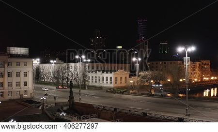 Yekaterinburg, Russia, Lenina Street At Night. Stock Footage. Aerial View Of An Empty Wide City Stre