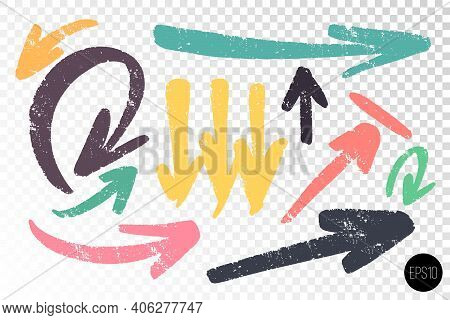 Set Of Thick Arrows Various Shapes And Coors. Hand Drawn Artistic Notes. Hand Drawn Design Elements.