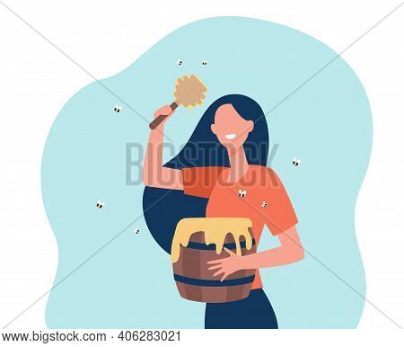 Woman Keeping Honey Bees. Person Holding Barrel With Honey And Dipper. Flat Vector Illustration. Bee