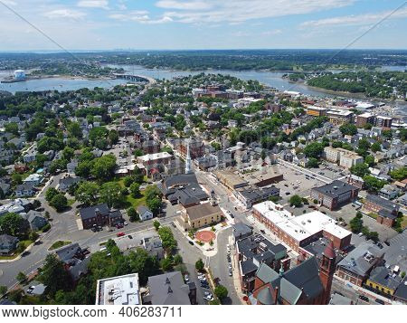 Aerial View Of Historic Buildings On Cabot Street In Historic City Center Of Beverly, Massachusetts 