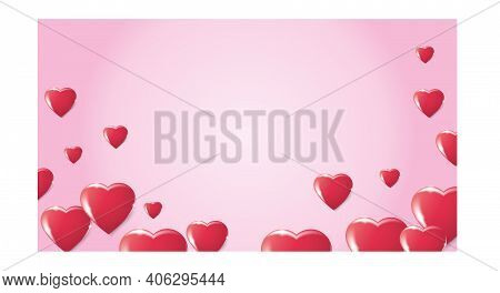 Volumetric Pink 3d Hearts Flying On A Pink Background. Vector Symbols For Happy Women, Mothers, Vale